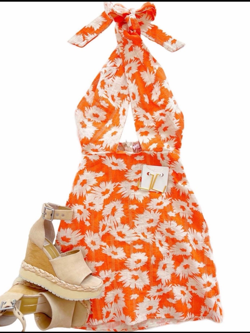 Karlie Orange Floral Halter Mini Dress Open Back Summer Vacation Resort